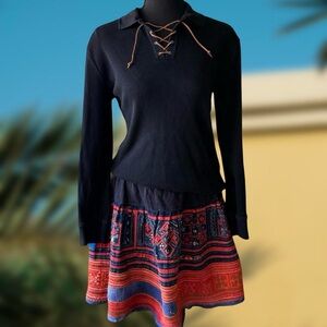 Vintage Ralph Lauren Black Ribbed Sweater+ Leather Accent - Size L Boho Festival